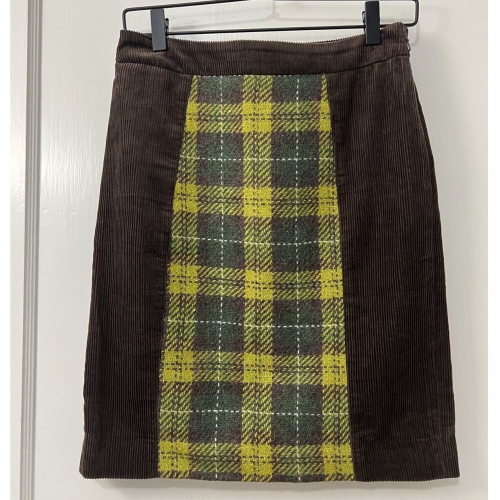Anthropologie Maeve Women's Brown Green Corduroy Plaid Pencil Skirt Size 0